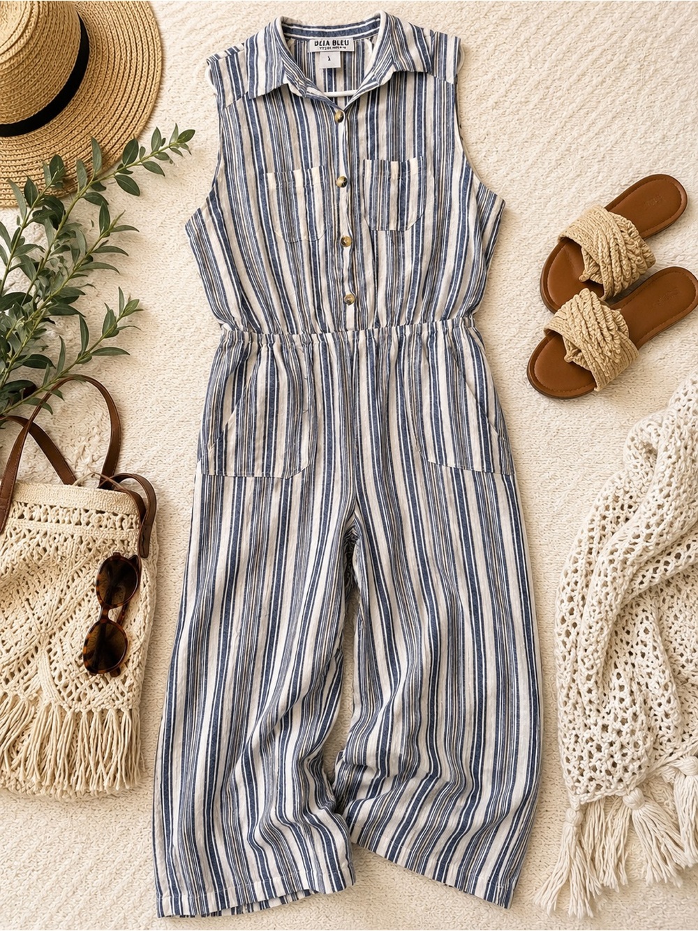 Deja Bleu Premium Linen Blend Striped Sleeveless Jumpsuit Large Coastal